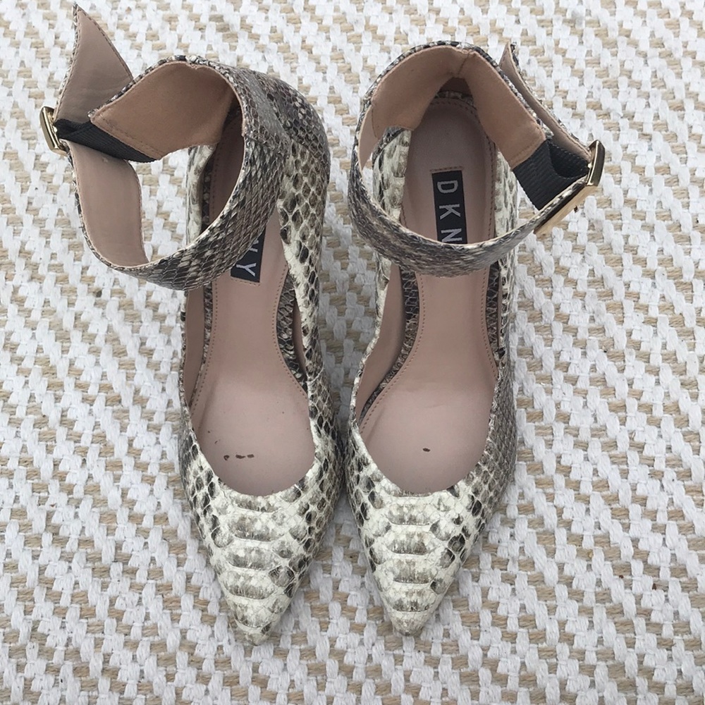 DKNY snakeskin ankle strap heels